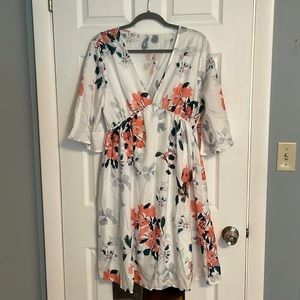 White and orange pink flower three quarter sleeve vneck dress